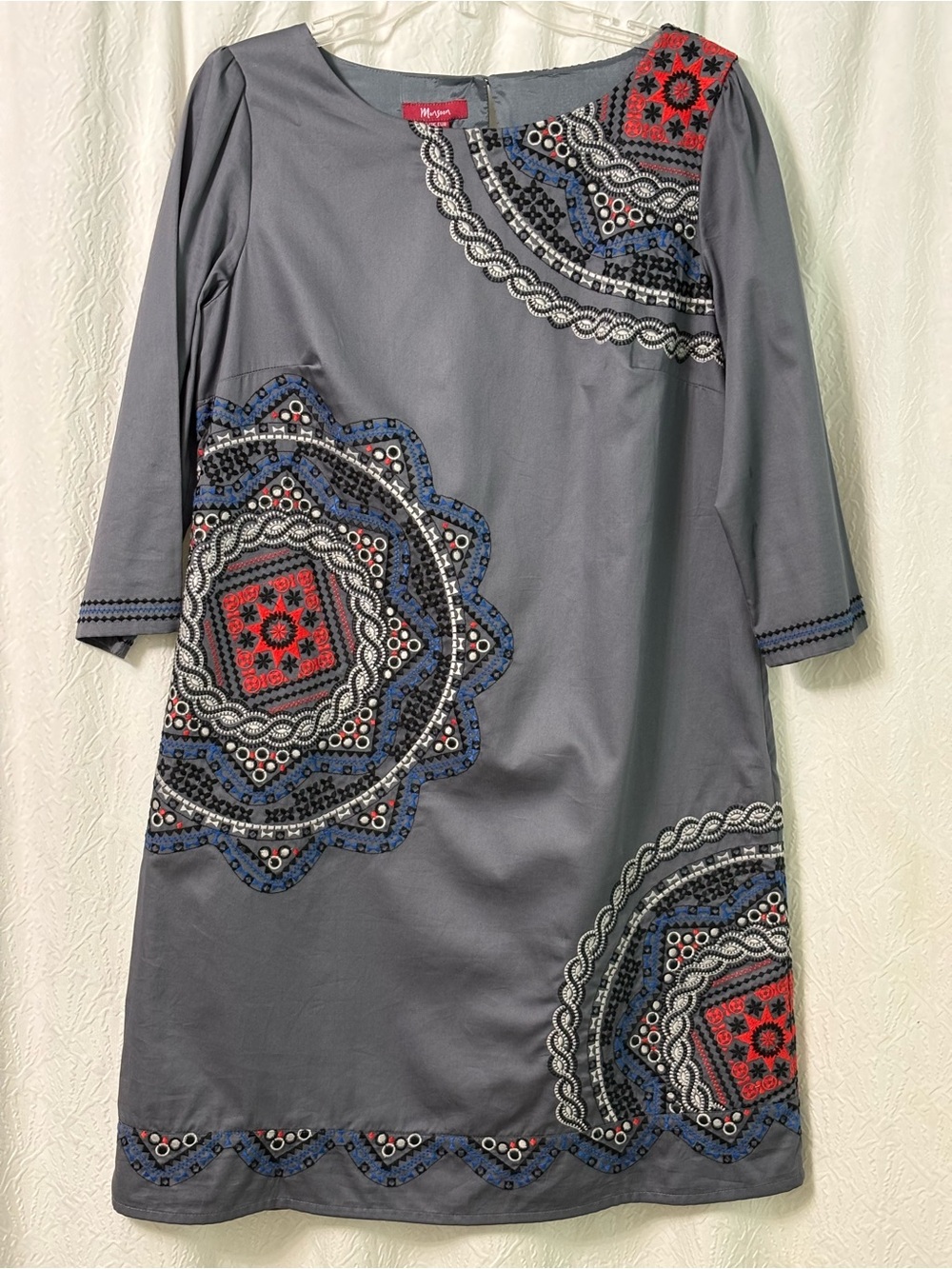 EUC monsoon Gray Midi Dress with Red and Blue Embroidery Size Uk 16  EUR 44